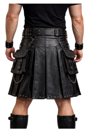 Men’s Real Leather Kilt – Handmade Black & Brown Utility Leather Skirt with Pockets, Gothic Biker Leather Kilt for Men