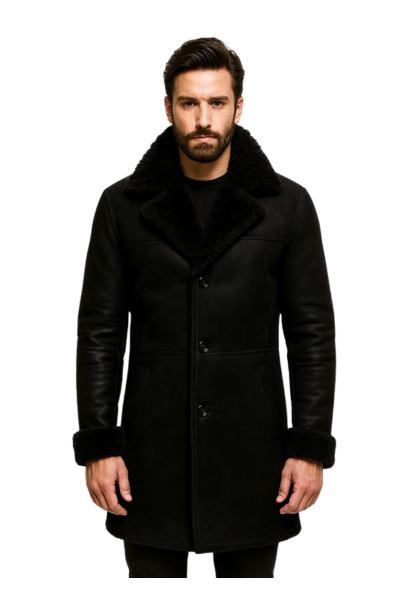 Men’s Real Leather Long Coat – Black Faux Fur Shearling Winter Outerwear Men’s Real Leather Long Coat – Black Faux Fur Shearling Winter Outerwear