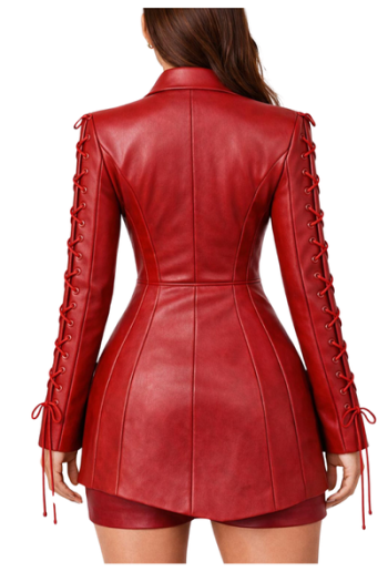 Red Real Leather Lace-Up Blazer Jacket for Women | Corset Style Leather Coat | Handmade Designer Leather Jacket