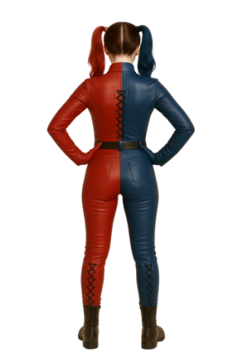 Red and Blue real Leather Catsuit Harley Quinn Cosplay Costume