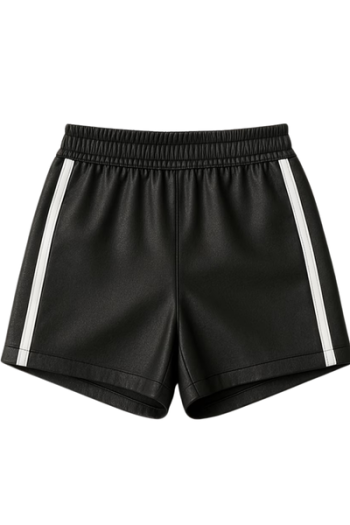 Unisex Black real Leather Shorts: Sporty White Stripe Streetwear