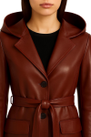 Women Burgundy Leather Long Coat with Hood