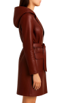 Women Burgundy Leather Long Coat with Hood