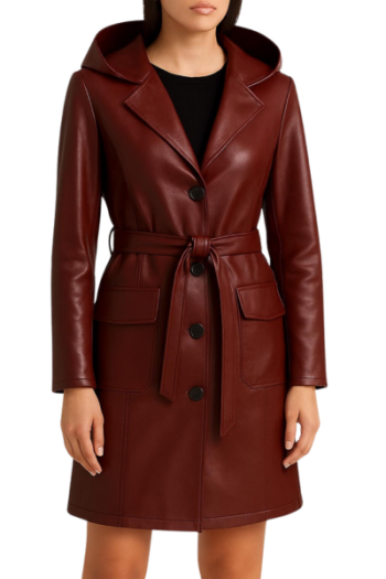 Women Burgundy Leather Long Coat with Hood Women Burgundy Leather Long Coat with Hood