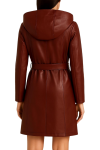 Women Burgundy Leather Long Coat with Hood