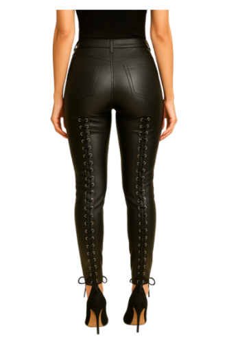 Women’s Black Leather Lace-Up Pants – High-Waisted Gothic Biker Style Leggings for Cosplay, Halloween & Fashion