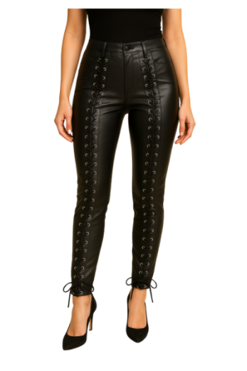 Women’s Black Leather Lace-Up Pants – High-Waisted Gothic Biker Style Leggings for Cosplay, Halloween & Fashion