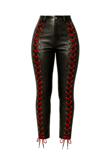 Women’s Black Leather with red Lace-Up Pants – High-Waisted Gothic Biker Style Leggings for Cosplay, Halloween & Fashion Women’s Black Leather with red Lace-Up Pants – High-Waisted Gothic Biker Style Leggings for Cosplay, Halloween & Fashion