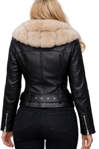 Women’s Black Real Leather Jacket with Faux Fur Collar