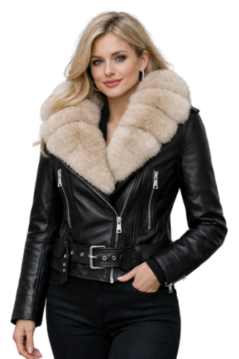 Women’s Black Real Leather Jacket with Faux Fur Collar