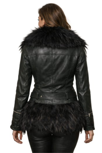 Women’s Black Real Leather Jacket with Faux Fur Trim