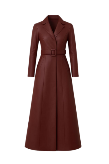 Women’s Brown Real Leather Long Coat with Belt – Handmade Full Length Leather Trench Coat, Elegant Winter Leather Overcoat