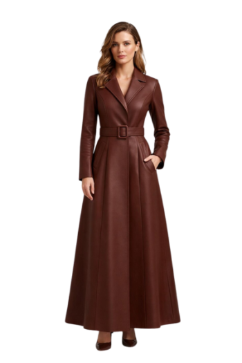 Women’s Brown Real Leather Long Coat with Belt – Handmade Full Length Leather Trench Coat, Elegant Winter Leather Overcoat