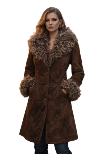Women’s Brown Suede Coat with Faux Fur Collar Women’s Brown Suede Coat with Faux Fur Collar