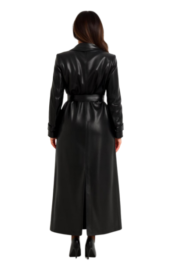 Women's Real Leather Trench Coat – Long Black Belted Luxury Outerwear Women's Real Leather Trench Coat – Long Black Belted Luxury Outerwear