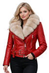 Women’s Red Real Leather Jacket with Faux Fur Collar