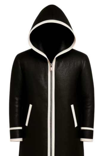 Handmade Black Leather Hooded Long Coat