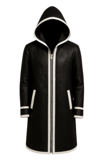 Handmade Black Leather Hooded Long Coat