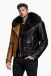 Men’s Dual Tone Real Leather Jacket with Black Fur Collar