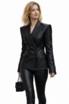 Black Real Leather Blazer & Pants Set – Elegant Tailored Leather Suit