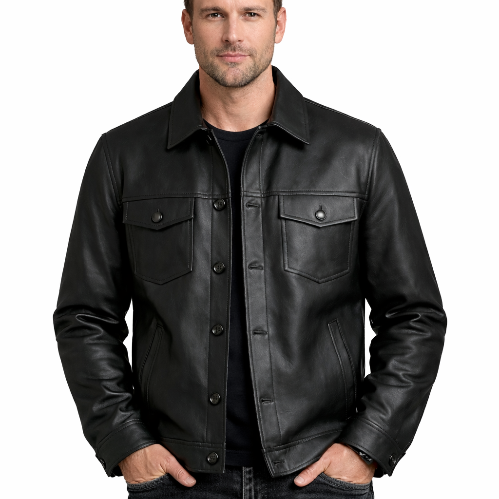 Men’s Black Leather Jacket – Classic Button Style Men’s Black Leather Jacket – Classic Button Style