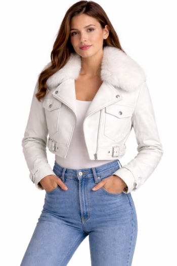 Women’s White Faux Fur Collar Cropped Jacket