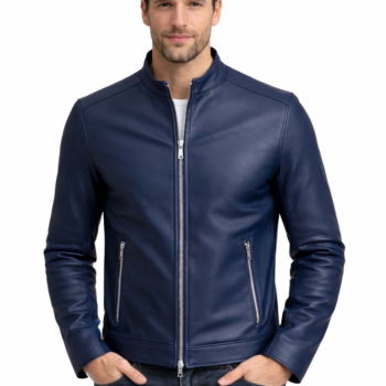 Men’s Navy Blue Leather Jacket – Slim Fit Zip Style