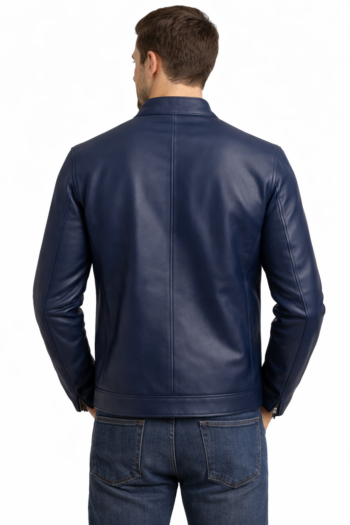Men’s Navy Blue Leather Jacket – Slim Fit Zip Style