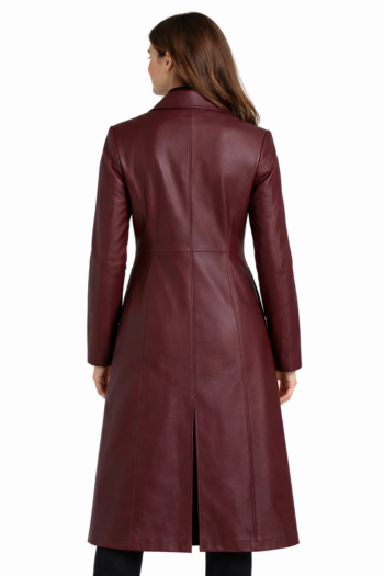 Women’s Burgundy Leather Long Coat – Elegant Button Style