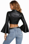 Women’s Black Cropped Leather Jacket with Bell Sleeves