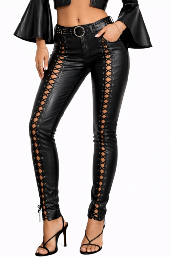 Women’s Black Lace-Up Leather Pants – High Waist Slim Fit