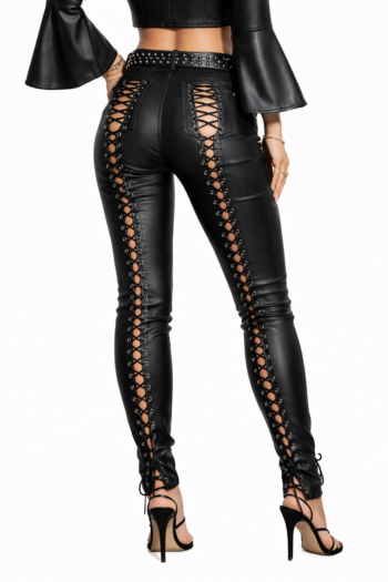 Women’s Black Lace-Up Leather Pants – High Waist Slim Fit