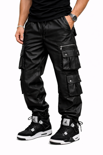 Men’s Black Leather Cargo Pants – Multi-Pocket Slim Fit