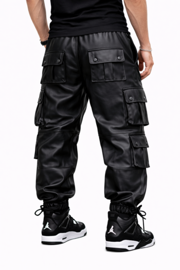 Men’s Black Leather Cargo Pants – Multi-Pocket Slim Fit