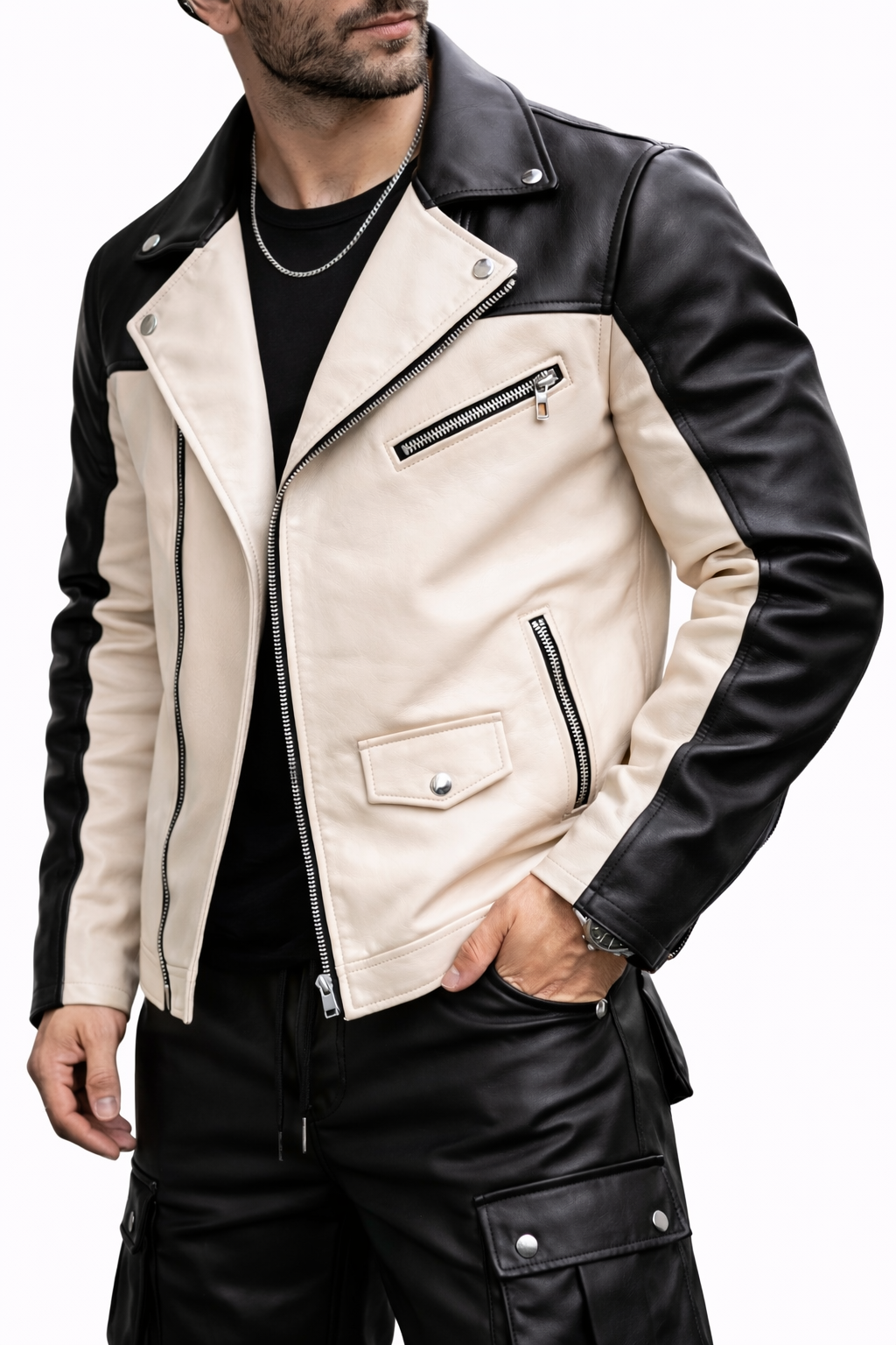 Men’s Two-Tone Leather Biker Jacket – Black & Cream Moto Style Men’s Two-Tone Leather Biker Jacket – Black & Cream Moto Style