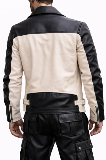 Men’s Two-Tone Leather Biker Jacket – Black & Cream Moto Style