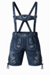 Men’s Navy Blue Real Leather Lederhosen with Suspenders – Traditional Bavarian Shorts