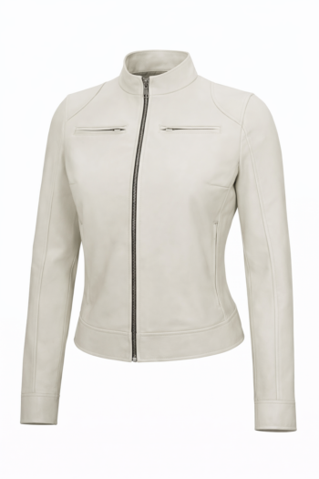Women’s White Real Leather Jacket – Slim Fit Stand Collar Zipper Jacket Women’s White Real Leather Jacket – Slim Fit Stand Collar Zipper Jacket