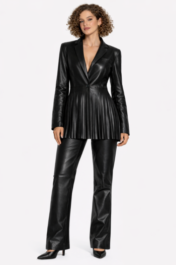 Women’s Black Real Leather Fringe Blazer & Pants Set Women’s Black Real Leather Fringe Blazer & Pants Set