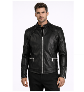 Men's Black Real Leather Biker Jacket – Slim Fit Cafe Racer Motorcycle Jacket with Zipper Pockets