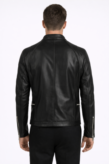 Men's Black Real Leather Biker Jacket – Slim Fit Cafe Racer Motorcycle Jacket with Zipper Pockets