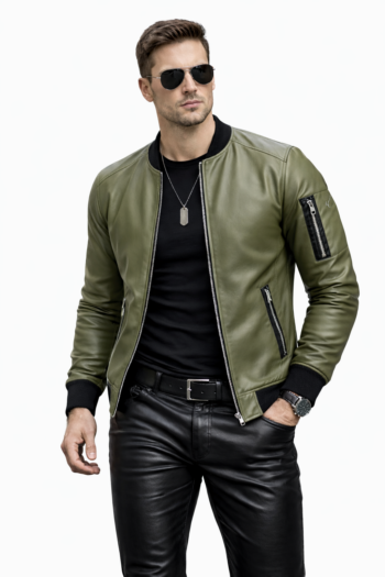 Men’s Olive Green Real Leather Bomber Jacket